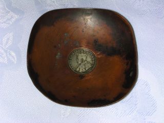 Antique Hamilton & Co Calcutta Copper Bowl With One Rupee Silver Coin C.  1912 photo