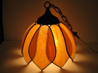 Vintage Tulip Ceiling Hanging Lamp Shade Slag Stained Glass Brass photo