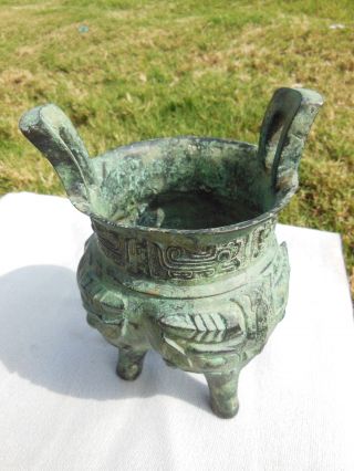 Antique Chinese Bronze Vessel Shang Vase Ritual Old Archaic Urn photo