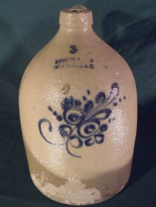 Satterlee & Mory Fort Edward 3 Gallon Stoneware Jug W/ Decorated Blue Floral photo