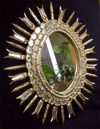 Antique Colonial Hand Carved Gilt Wood Mirror 19th - Sunburst photo