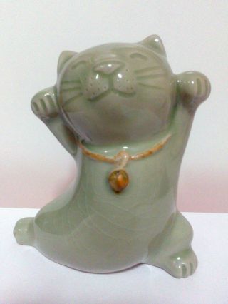 Set Of Cats Celadon Glaze,  Light Green.  Thai Decoration Style.  (3pcs.  Per Set) photo