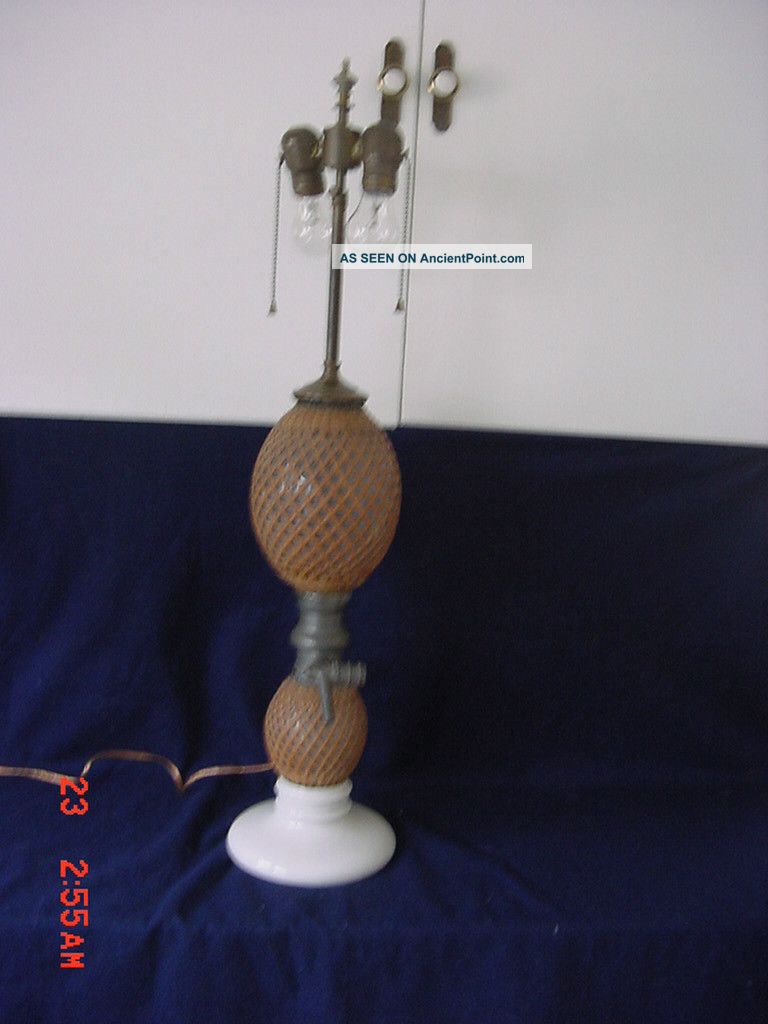 Anitque Porcelian Base Glass Cained 2 Light Table Desk,  Foyer Spigot Lamp Lamps photo