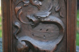 19th C.  Gothic Oak Relief Carved Panel With Gargoyle Carving photo