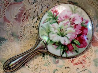 Victorian Silver Plated & Porcelain Pink Floral,  Hand Painted Enamel Hand Mirror photo