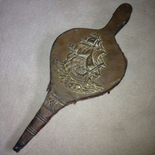 Vintage Repoussé Brass Fireplace Bellows Tall Ship Nautical photo