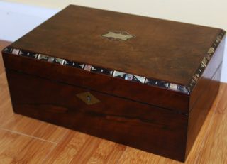 Antique Mid 19th Century Wooden Lover Mail Box With Mother Of Pearl Inlay - N/r photo