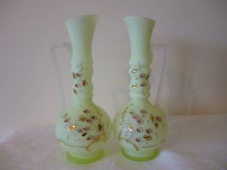 Antique / Vintage - Pair Of Victorian Hand - Painted Green Glass Jugs photo