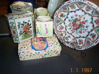 Lot 4 Vintage Shabby Tin Toleware Cans Candy Bowl Floral Birds Fairly Lady 70 ' S+ photo