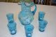 Hand Blown And Hand Painted Blue Pitcher And 5 Matching Glasses,  Maybe Fenton Pitchers photo 9