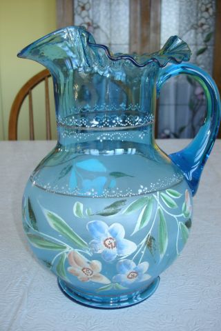 Hand Blown And Hand Painted Blue Pitcher And 5 Matching Glasses,  Maybe Fenton photo