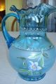 Hand Blown And Hand Painted Blue Pitcher And 5 Matching Glasses,  Maybe Fenton Pitchers photo 1