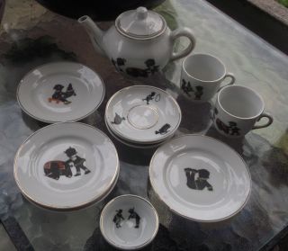 Vintage Child Size Porcelain Tea Set Black Silhouette Children Playing 12 Pc photo