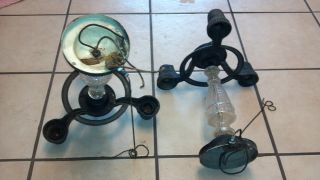 Chandeliers 2 Late 1900s Castiron Glass Centers With 3 Drop Lights photo