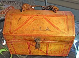 Antique Leather & Wood Document Box Folk Art Hand Painted Design photo