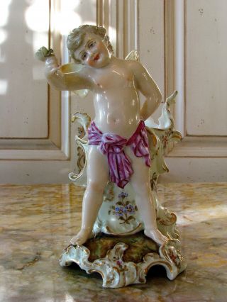 Fine Antique Hand Painted Porcelain Cupid Cherub Statue Figurine French / German photo
