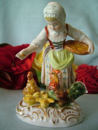 Antique German Carl Thieme Saxonian Porcelain Factory Dresden Girl Feed Chicken photo