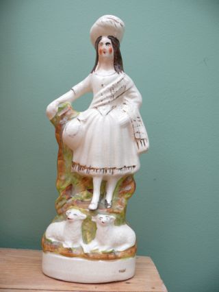 19thc Staffordshire Shepherdess With Two Lambs photo