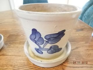 Rare 1860 Era 3 Blue Decorated Stencil Stoneware Flower Pot 7 
