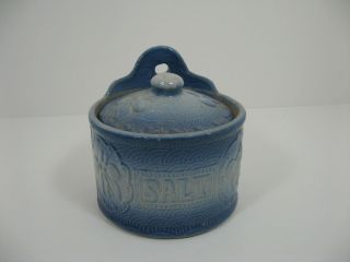 Antique Blue Stoneware Salt Glazed Salt Cellar Jar Canister Nr Embossed Cherries photo