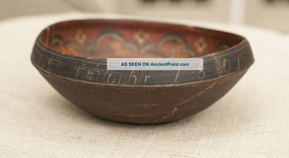 19th C.  Norwegian Ale Bowl Inscription 1801 Rosemaling Bowls photo