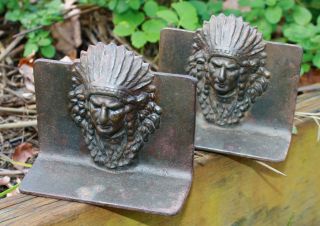 Antique 19th Century Cast Iron American Indian Chief Bookends photo