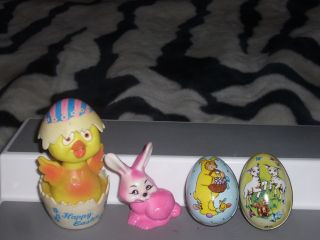 Rare Vintage Tin Easter Eggs Chick In Egg On Wheels Pink Bunny Rabbit Figure Lot photo