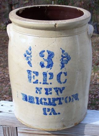 E.  P.  C.  - Antique Stoneware 3 Gallon Slipware Cobalt Crock - New Brighton,  Pa photo