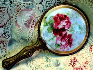 Victorian Brass & Porcelain Roses Hydrangea,  Shabby Chic,  Cottage Hand Mirror photo