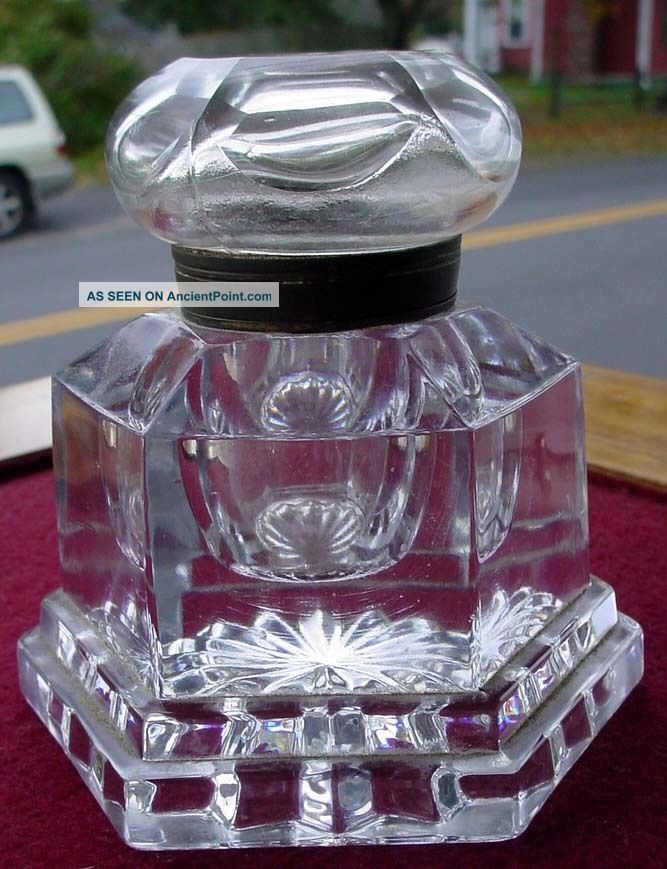 Best Large Quality 19th Century Antique 6 Sided Glass Inkwell N/r Other photo