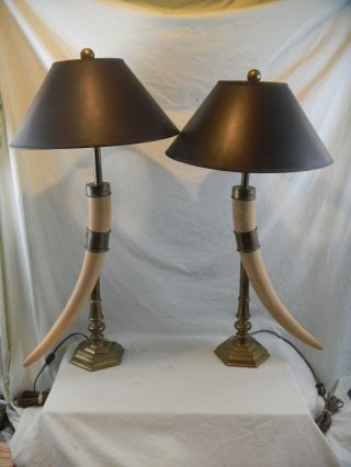 Great Pair Vintage 1976 Chapman Faux Horn Table Lamps Brass & Wood W/ Shades photo