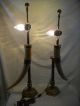 Great Pair Vintage 1976 Chapman Faux Horn Table Lamps Brass & Wood W/ Shades Lamps photo 1