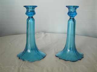 Pair Of Antique Blue Glass Candle Holders; 9 