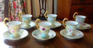 Antique Rosenthal & Co Cup Saucer - 6 Sets - Demitasse Gold Bird Handle - Hand Painted photo
