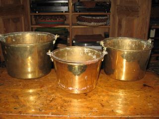1800s Antique Set 3 Large Brass Nesting Kettles Pots photo