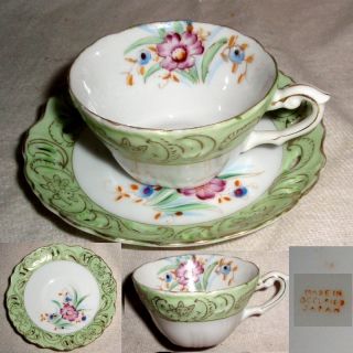 60yr Occupied Japan Reticulated W/gold Gilt Moons Green Floral Cup & Saucer photo