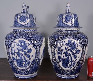 Pair Of Antique Delft Tin Glazed Faience Ginger Jars Vases By Petrus Regout photo