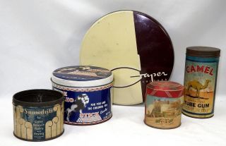 Antique Lot Group Of 5 Antique Tins Cans Including Candy Can Tube Gum & More photo