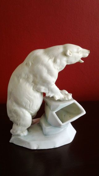 Antique German Russian Fine Bisque Porcelain Polar Bear Match Holder Marked photo