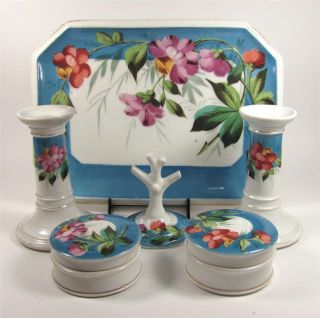 Old Paris Porcelain Dresser Set,  Pin Tray,  Ring Tree,  French Blue,  Vanity Jars photo