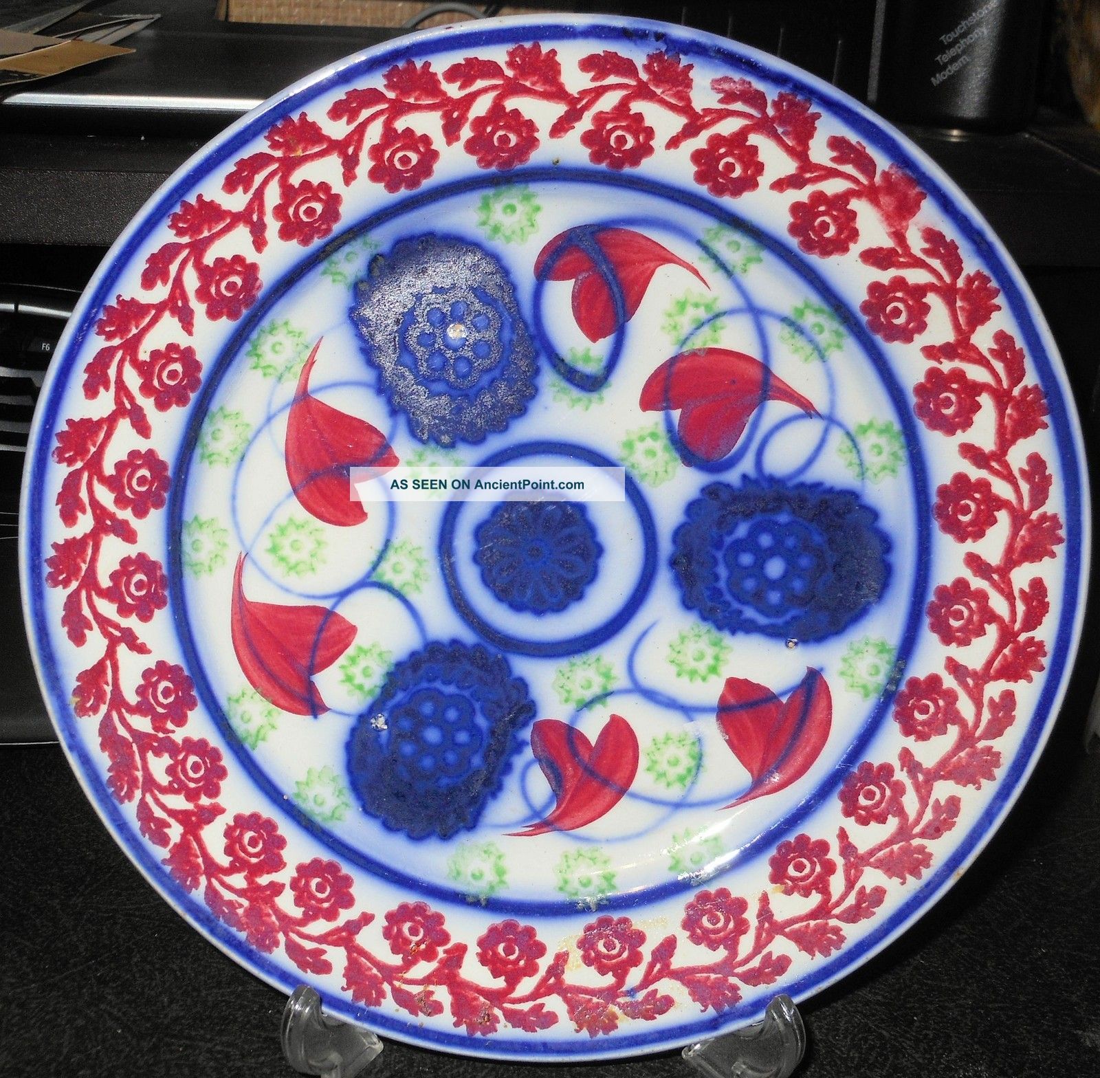 Antique Flow Cobalt Blue,  Red Stick Spatter Ware 8 & 1/2 