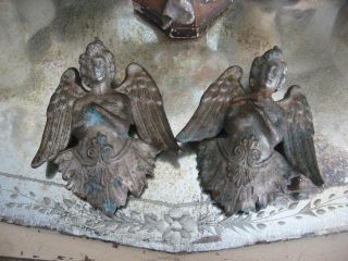Incredible Pair Old French Cast Iron Angels Cherubs Wings Silver Patina photo