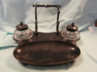 Antique Cast Iron Double Inkwell Set Crystal Bottles photo