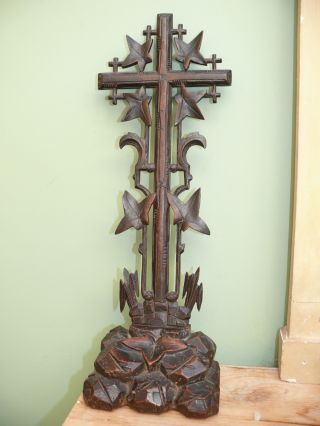Fine 19thc Black Forest Cross Intricately Carved With Oak Leaves photo