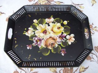 Large Toleware Serving Tray Great Black & Floral Handpainted Pierced Edge Tray photo