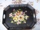 Large Toleware Serving Tray Great Black & Floral Handpainted Pierced Edge Tray Toleware photo 3