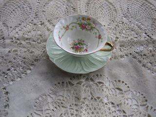 Gorgeous Shelley Cup & Saucer Jade Green With Multi - Colors Floral Design - X - Cond. photo