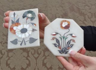Vintage Pietra Dura Marble Plaque Lot 2 Mother Of Pearl Nacre Malachite Inlay photo