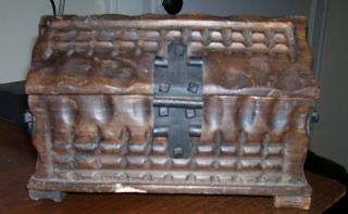 Antique Hand Carved Tramp Art Box With Wrought Iron Hinges,  Handles,  & Closure photo