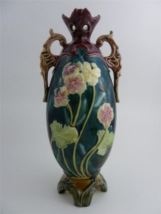 Exquisite Antique Majolica Floral Pottery Vase Iridescence 12 Inches photo